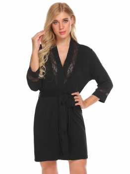 

Black Women Casual Lace Trim Loose Waist Strap Sexy Sleepwear Short Night Robe, Multicolor
