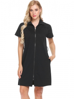 

Black Women Turtleneck Short Sleeve Zip Front Solid Pocket Robe Sleepwear with Belt, Multicolor