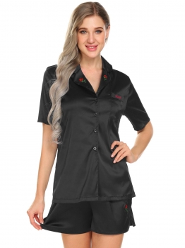 

Black Women Casual Turn-down Neck Short Sleeve Solid Button Up Loose Shirt Sleep Suits, Multicolor
