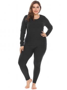 

Black Women Thermal Underwear Set Solid Top & Bottom Fleece Lined Plus Size, Multicolor