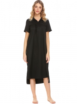 

Black Women Turn Down Collar Short Sleeve Ruffles Split High Low Hem Nightgown, Multicolor