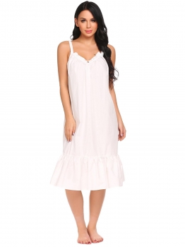 

White Women V-Neck Spaghetti Strap Ruffles Solid Sleep Dress, Multicolor