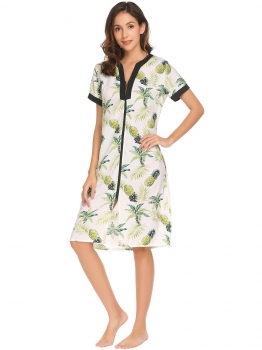 

White Women V-Neck Short Sleeve Floral Front Zipper Sleepwear Long Robe, Multicolor