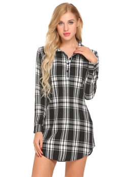 

Black"White Women Turn Down Collar Long Sleeve Plaid Sleepshirt Lounge Sleepwear, Multicolor