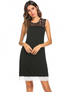 

Black Women O Neck Short Sleeve Hollow Out Lace Patchwork Loose Sleep Dress Sleepwear, Multicolor