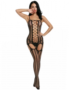 

Women Sexy Lingerie Bodysuits Strapy Hollow Out Crotchless Stretchy Bodystocking, Black