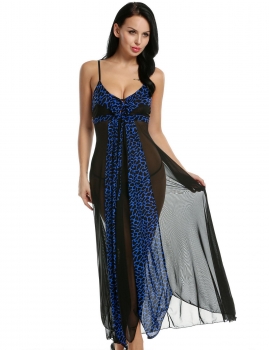 

Blue Women Dress Nightgown Sheer Mesh Leopard Patchwork Asymmetric Long Maxi Sleepwear Nightwear with G-string Sexy Nighties Lingerie Sets, Multicolor