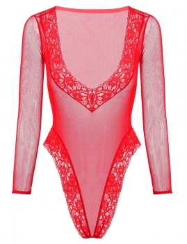

Red Deep V-Neck Lace One Piece Fishnet Bodysuit Lingerie, Multicolor