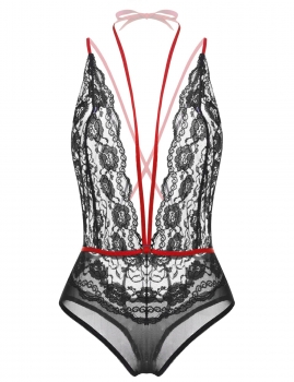

Black Halter Deep V-Neck Lace One Piece Bodysuit Nightwear, Multicolor