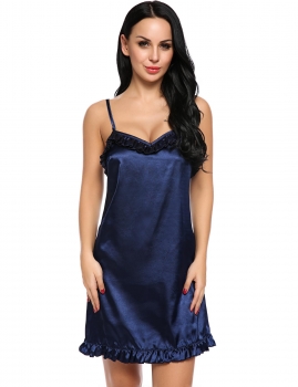 

Blue Satin Full Slip Ruffled Nightgown Sleepwear with G-String, Multicolor