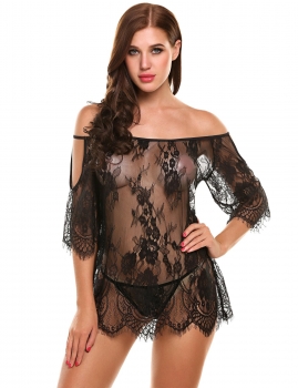 

Black 3"4 Sleeve Cold Shoulder Sheer Lace Nightwear with G-string, Multicolor