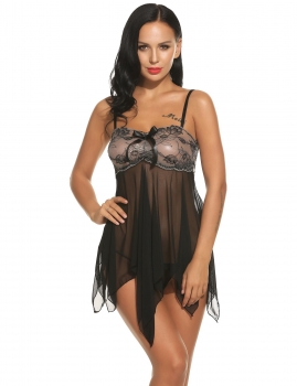 

Black Women Sexy Lingerie Spaghetti Strap Irregular Hem Babydoll + G-String Set Sleepwear, Multicolor