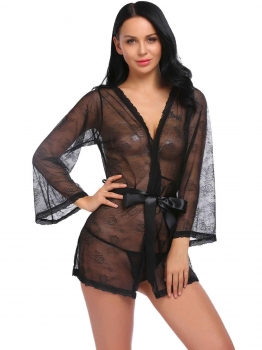 

Black Long Sleeve Sheer Mesh Lace-Trim Lingerie Robe with G-string, Multicolor