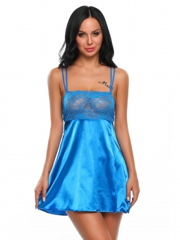 

Blue Spaghetti Strap Satin Lace Patchwork Split Hem Babydoll with G-String, Multicolor