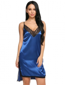

Blue Satin Split Lace Trim Backless Nightgown Sleepwear, Multicolor