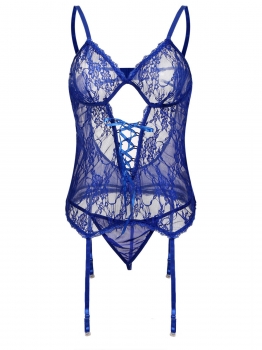

Blue Women Lace Transparent Mesh Bodydoll Dress G-string Lingerie Sets, Multicolor