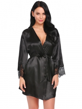 

Black Women Casual V-Neck Long Sleeve Lace Satin Patchwork Sexy Nightgown Robe with Belt, Multicolor