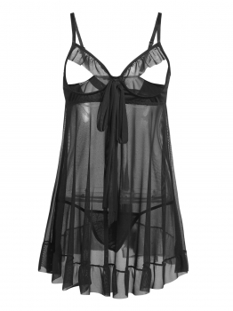 

Black Women Sexy Lingerie Cupless Ruffled Sheer Babydoll Set Night Dress with Thongs, Multicolor