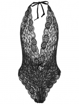 

Black Women Sexy Halter Lace Transparent Mesh Lingerie Night Bodysuit, Multicolor