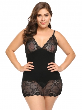 

Black Women Sexy Lingerie V-Neck Backless Lace Babydoll Chemise Sleepwear Plus Size, Multicolor