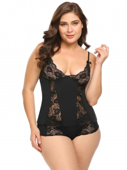 

Black Women Sexy Sleepwear Spaghetti Strap Lace Patchwork Cami Boyshort Lingerie Set, Multicolor