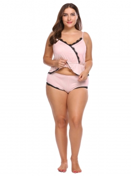 

Pink Plus Size Lace Trim Ruffles Hem Cami Shorts Pajama Set, Multicolor