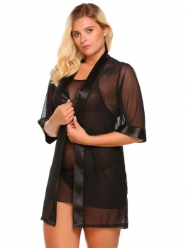 

Black Plus Size Sheer Mesh Kimono Robe Chemise 3 Pieces Lingerie Set, Multicolor