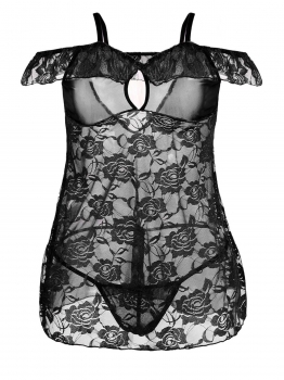 

Black Women Sexy Spaghetti Strap Lace Mesh Night Dress G-string Lingerie Sets, Multicolor
