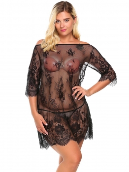 

Black Plus Size 3"4 Sleeve Cold Shoulder Sheer Lace Lingerie Babydoll, Multicolor