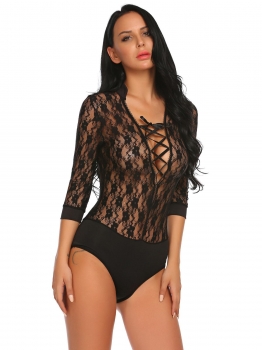 

Women Sexy Lace-Up Lingerie Set Deep V-Neck Lace Bodydoll Bodysuit, Multicolor