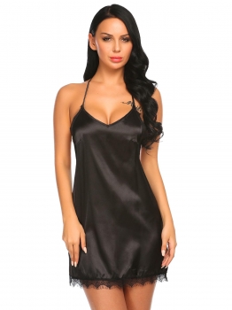 

Black Sexy Lingerie Halter Backless Lace Trim Satin Babydoll Chemise Sleepwear, Multicolor