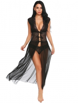 

Black Women Lace Patchwork Sexy V-Neck Sleeveless Chemise Briefs Lingerie Pajamas Dress, Multicolor