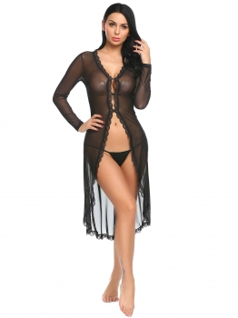 

Black Women's Sexy Lingerie V-Neck Long Sleeve Lace Mesh Irregular Robe w" G-String, Multicolor