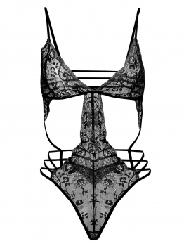 

Black Sexy Lingerie Set Spaghetti Strap Glamour See-through Floral Lace Bodysuit, Multicolor