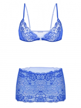 

Blue Sheer Lace Mesh Bra with Mini Skirt Lingerie Set, Multicolor