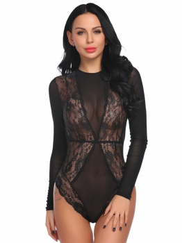 

Black Women Sexy One Piece Lingerie Bodysuit Long Sleeve Sheer Lace Teddy Nightwear, Multicolor