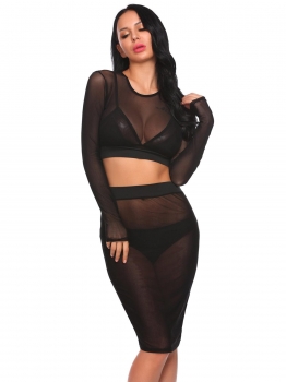 

Black Women Mesh See Through Sexy Short Blouse Elastic Waist Skirt Cover Up Set, Multicolor