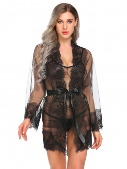 

Black Women Front Open Lace See Through Cardigan Sleepwear with Dress and G-String, Multicolor