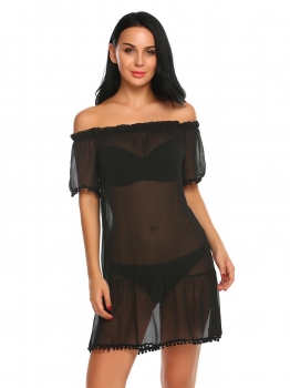 

Black Women Casual Ruffles Off Shoulder Short Sleeve See Through Sleepwear, Multicolor