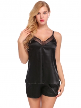 

Black Women Satin Cami Set Lace-Trimmed Pajamas Set, Multicolor