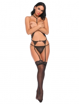

Black Halter Sleeveless Bandage Hollow Out Backless Lace Floral One Piece Lingerie, Multicolor