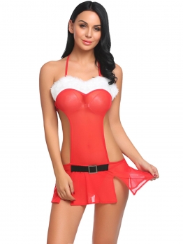 

Red Sexy Lingerie Christmas Sheer Babydoll Set with G-string, Multicolor