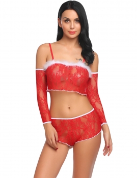 

Women Sexy Christmas Lingerie Set Sheer Lace Unlined with Panty and Sleeves, Multicolor