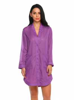 

Purple Sleep Shirt V-Neck Long Sleeve Button-Front Loose Nightshirts w" Pocket, Multicolor