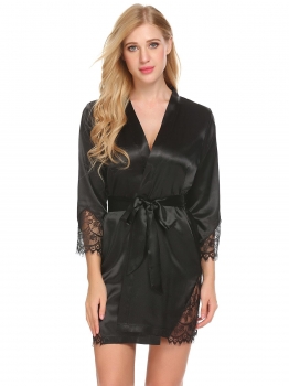 

Black Women Sexy Satin Robe 3"4 Sleeve Lace Patchwork Wrap Belted Spa Bathrobe, Multicolor