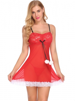 

Red Sexy Lingerie Christmas Babydoll Nightwear with G-string, Multicolor