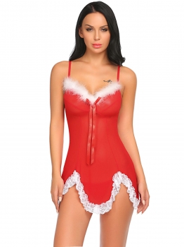 

Women Sexy Lingerie Christmas Babydoll Strappy Lace-trimmed Nightwear with G-string, Multicolor