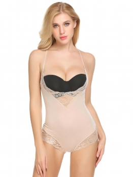 

Beige Women Lace Patchwork Sexy Spaghetti Strap Chemise Bodysuit Lingerie Pajamas, Multicolor