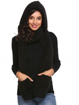 

Black Fleece Solid Gloves Pocket Long Hooded Scarf, Multicolor