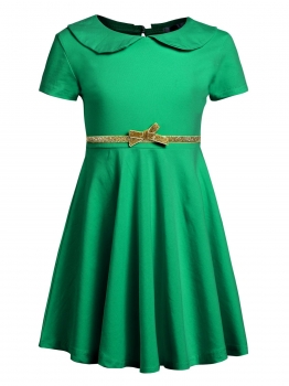 

Dark green Kids Girl O-Neck Short Sleeve Solid High Waist Bowknot Button Pullover Dress, Multicolor